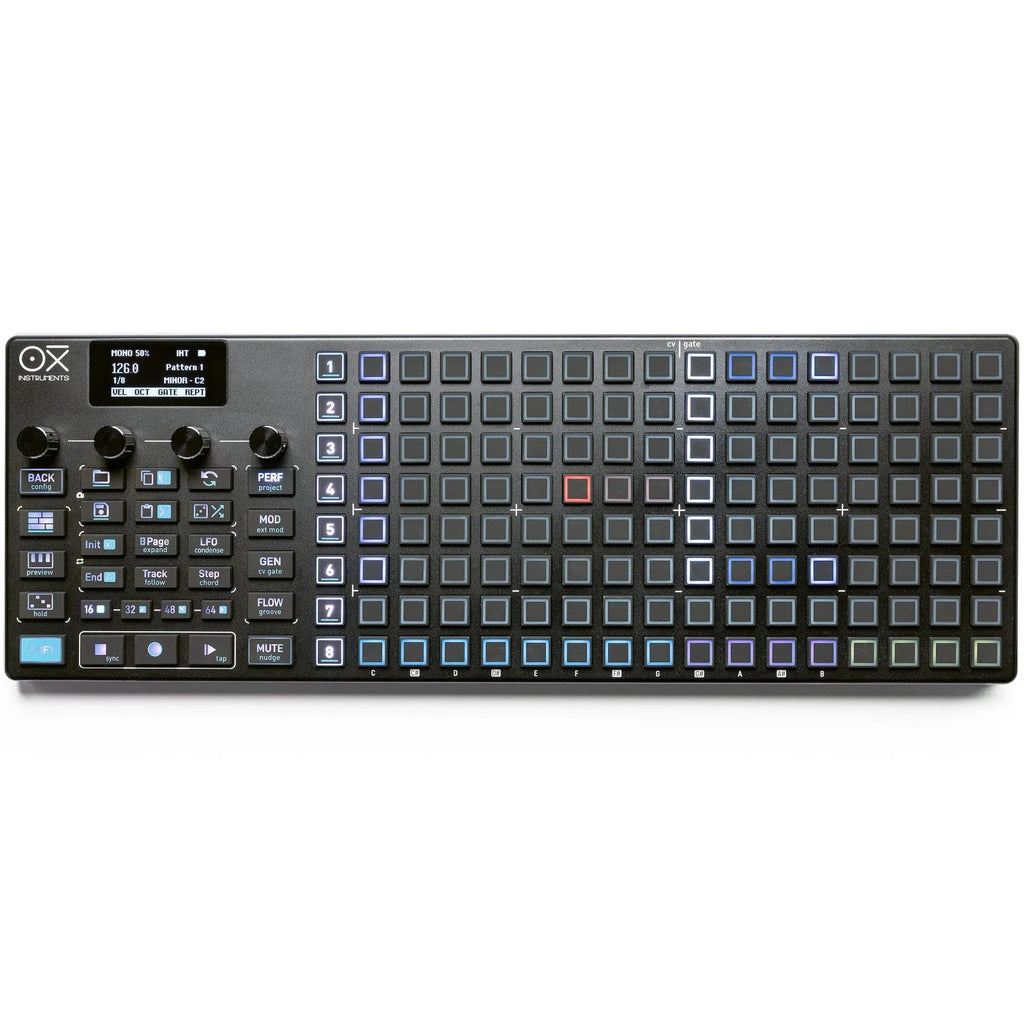 OXI Instruments One MKII sequencer with white top and black controls, displayed on a white background.