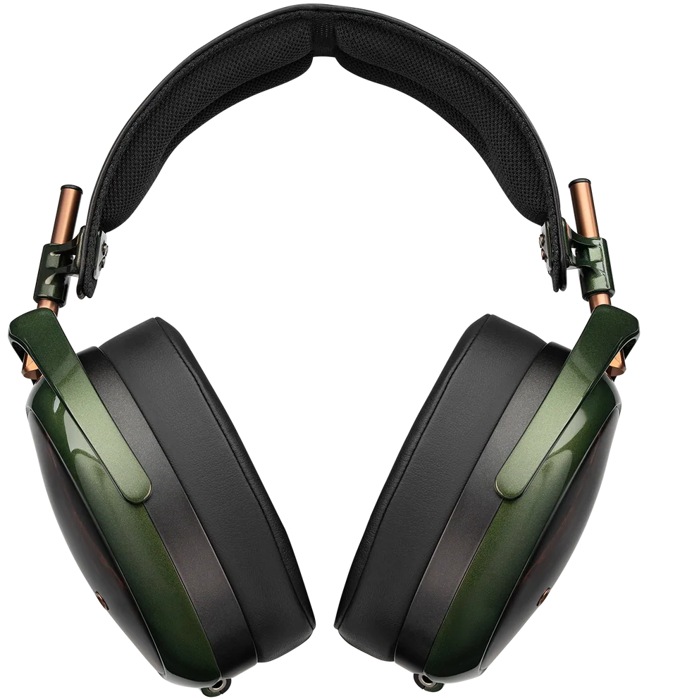 Close-up of Meze Audio Strada wired headphones showing sleek design and detailed ear cups.