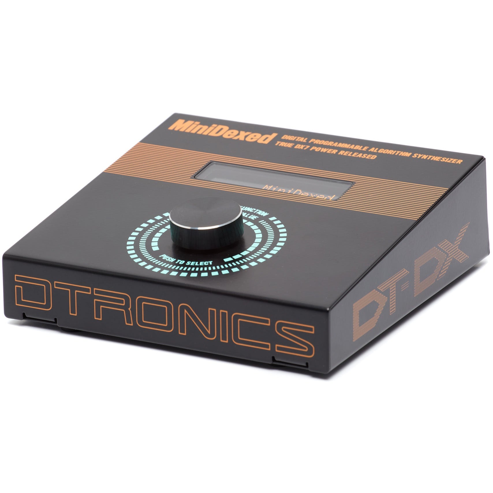 Dtronics DT-DX synthesizer with compact design, featuring control knobs and keyboard, displayed in front of a dark background.