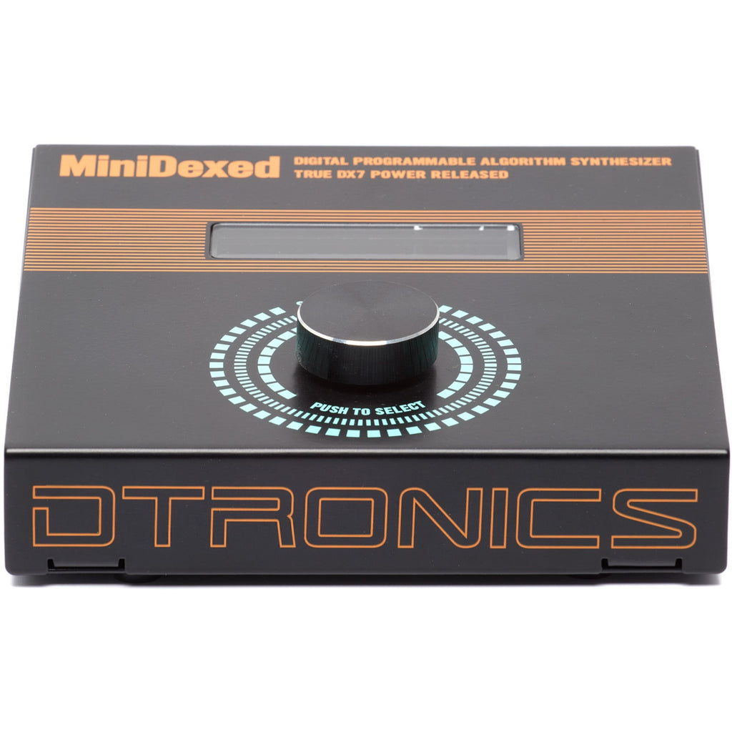 Dtronics DT-DX synthesizer with compact design and control panel, close-up of MiniDexed03 model showing keys and knobs.