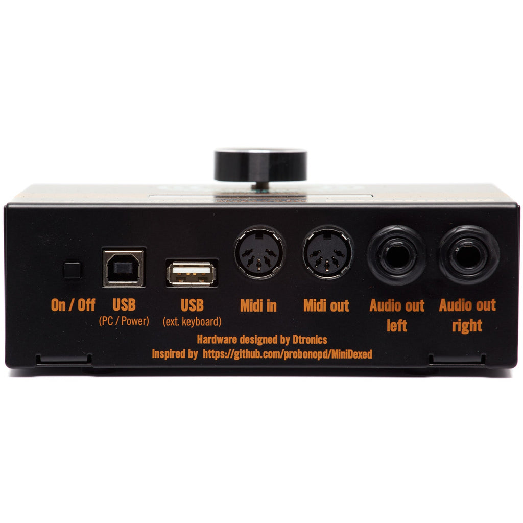 Dtronics DT-DX synthesizer with compact design, featuring knobs, keys, and interface for creating electronic music.