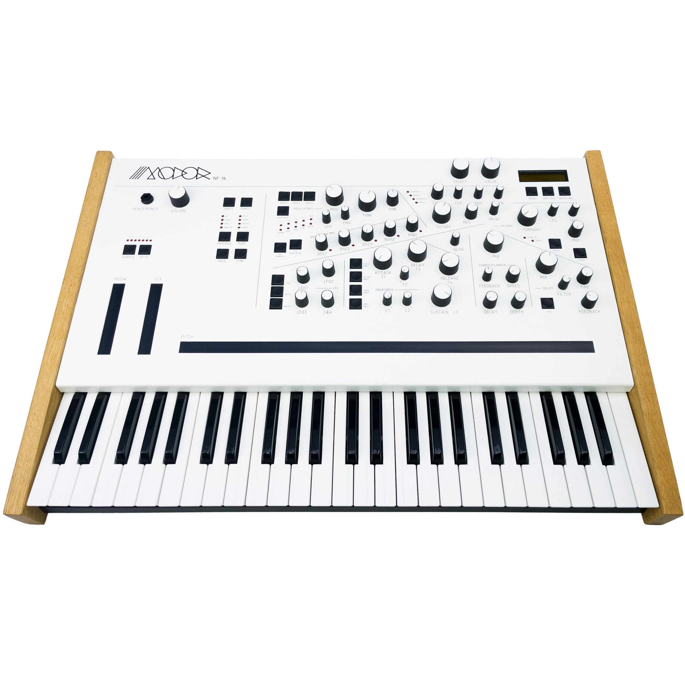 Modor NF-1k keyboard synthesizer with a compact design, featuring knobs, keys, and control panel for sound shaping.