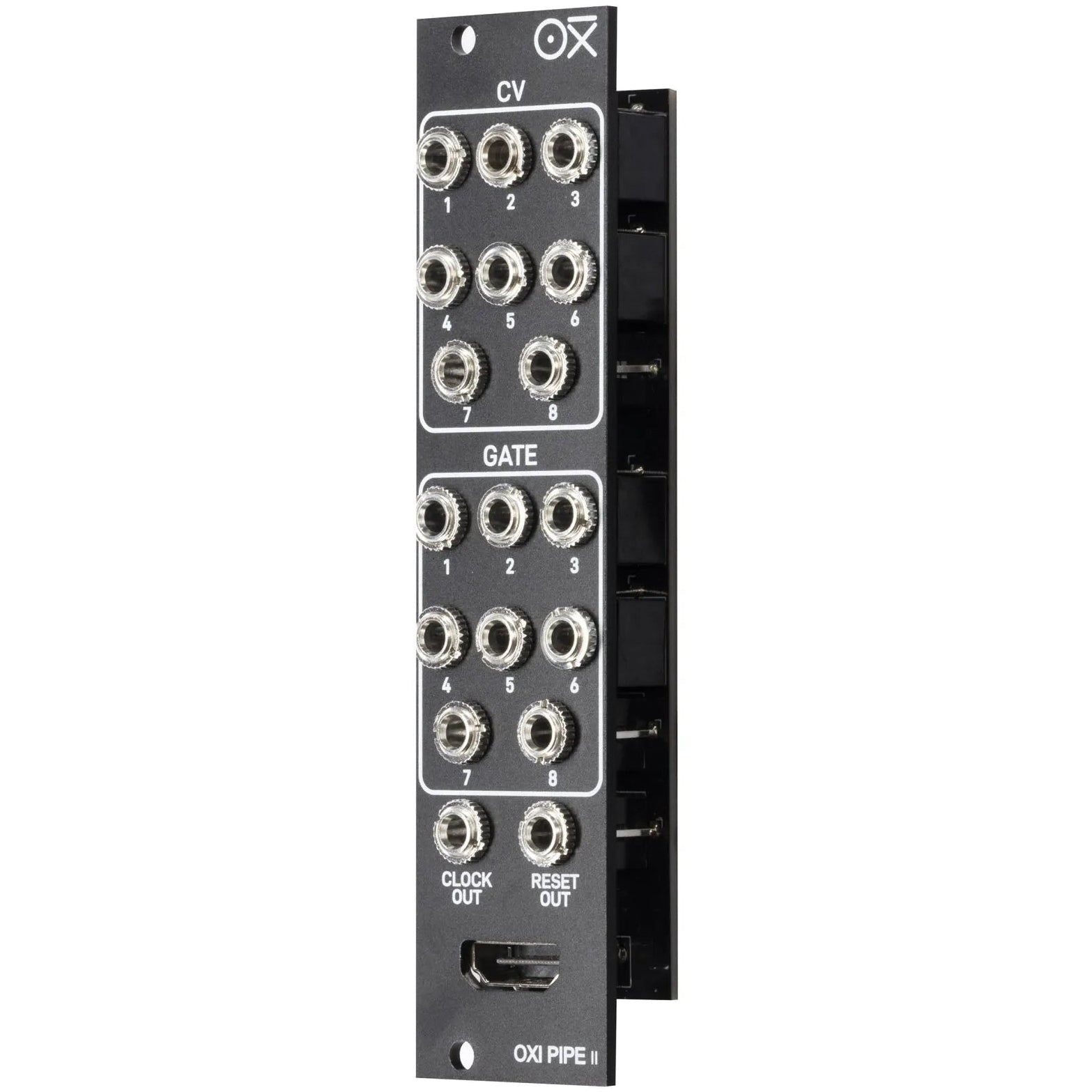 Close-up of the OXI Instruments Pipe MKII semi-modular synthesizer module showing its knobs and input jacks.