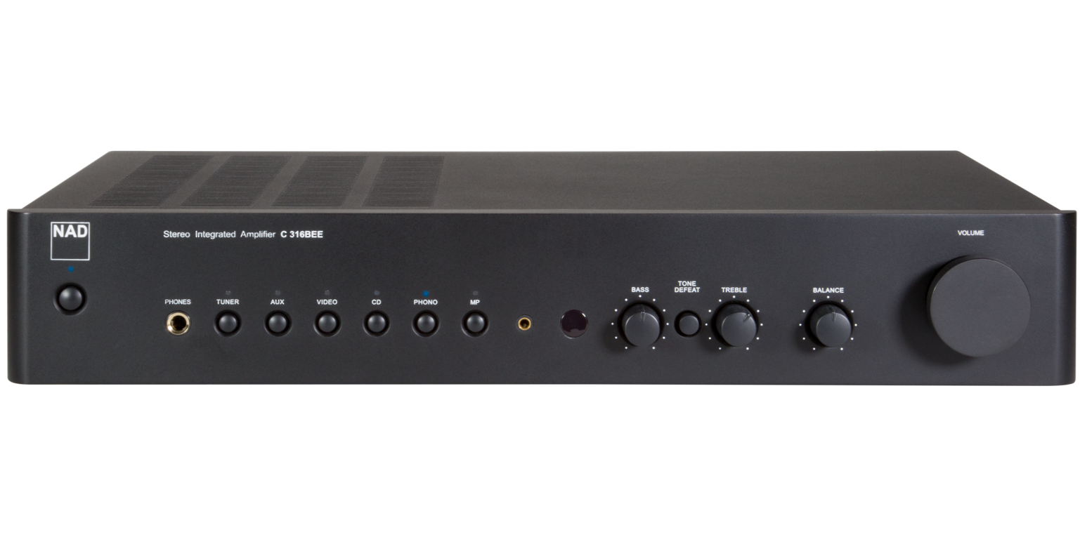 NAD C316BEE V2 stereo amplifier front view showing sleek black design with control knobs and input ports.
