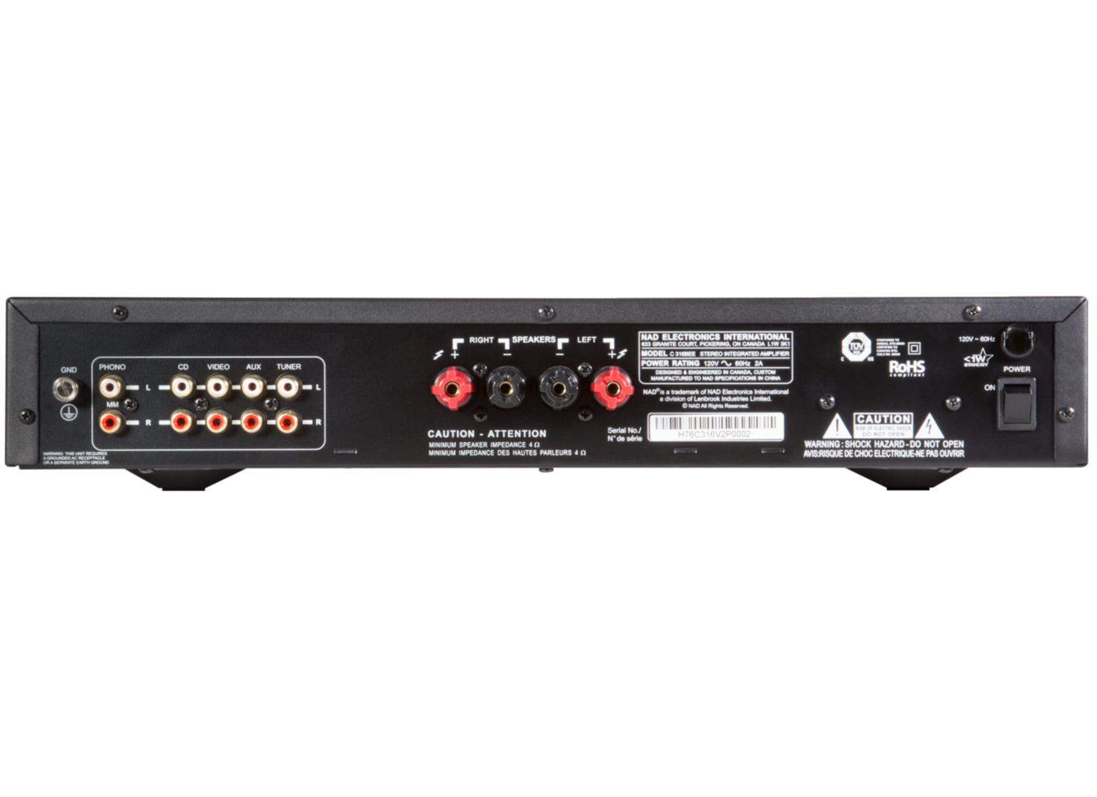 Rear view of NAD C316BEE V2 stereo amplifier showing input and output connections on the NAD stereo amplifier.