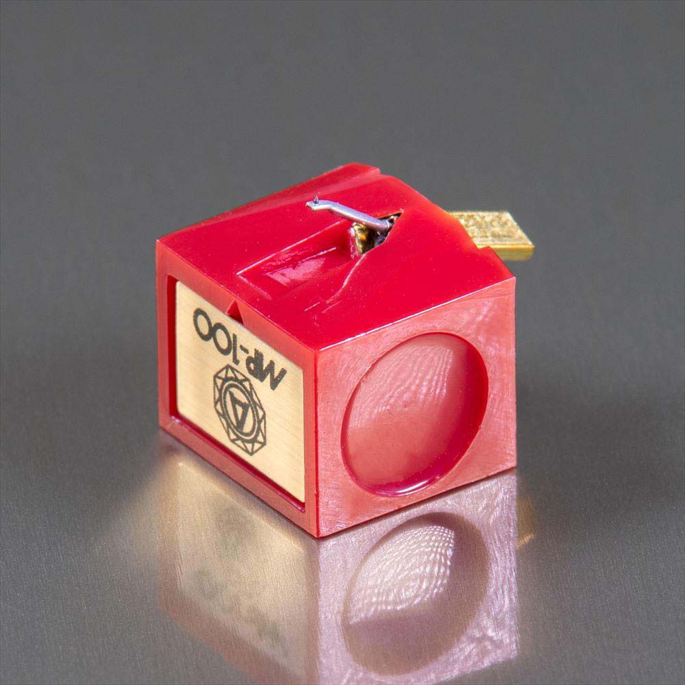 Nagaoka JN-P100 stylus for turntables, shown mounted on a record player in a lifestyle setting, highlighting high-quality audio equipment.