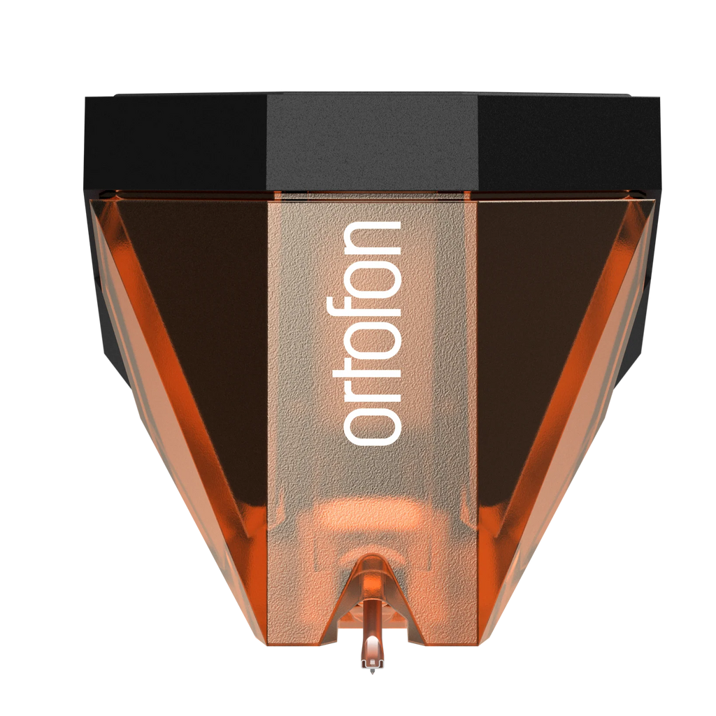 Ortofon 2M Bronze turntable cartridge with sleek metal finish and stylus, designed for high-quality vinyl playback.