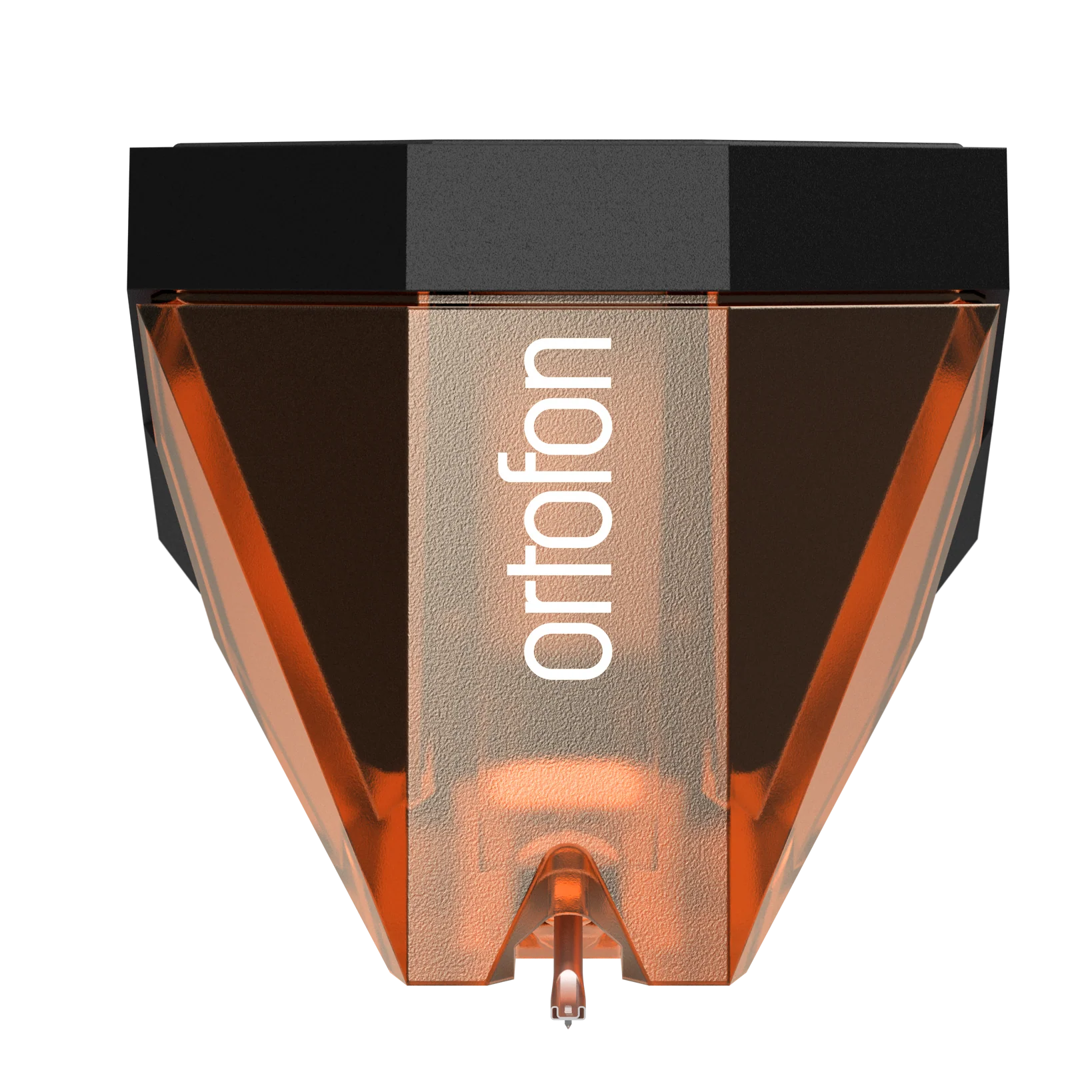 Ortofon 2M Bronze turntable cartridge with sleek metal finish and stylus, designed for high-quality vinyl playback.