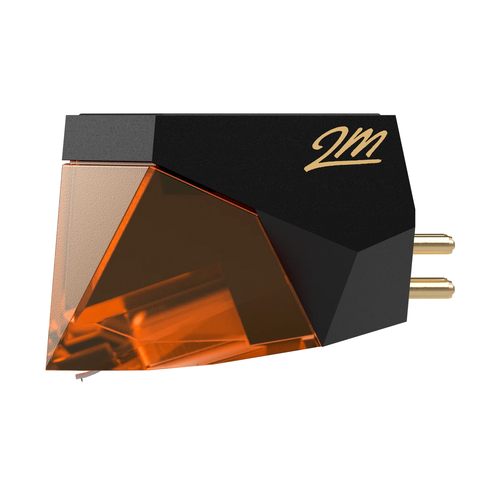 Ortofon 2M Bronze turntable cartridge with a metal stylus and sleek design, viewed from the side left angle.