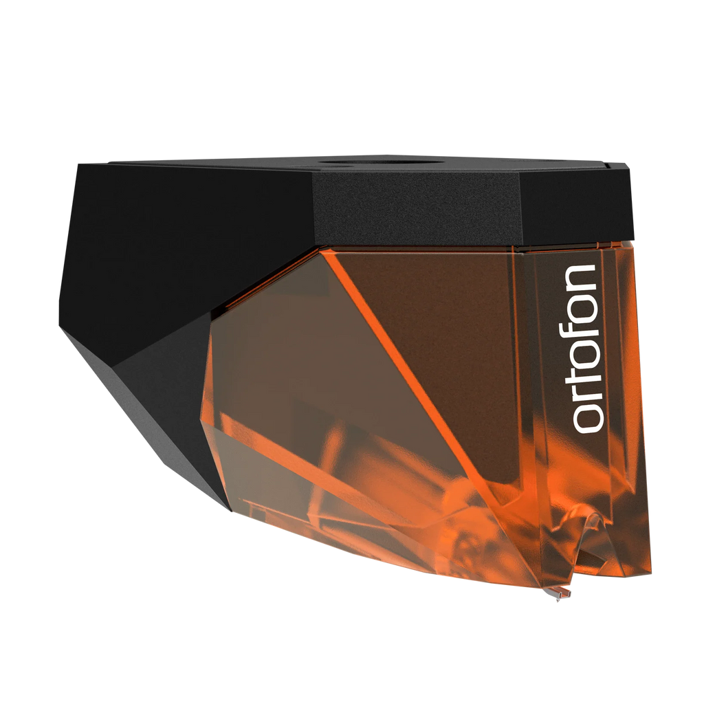 Ortofon 2M Bronze turntable cartridge with stylus, angled to the right, showcasing high-quality audio equipment.