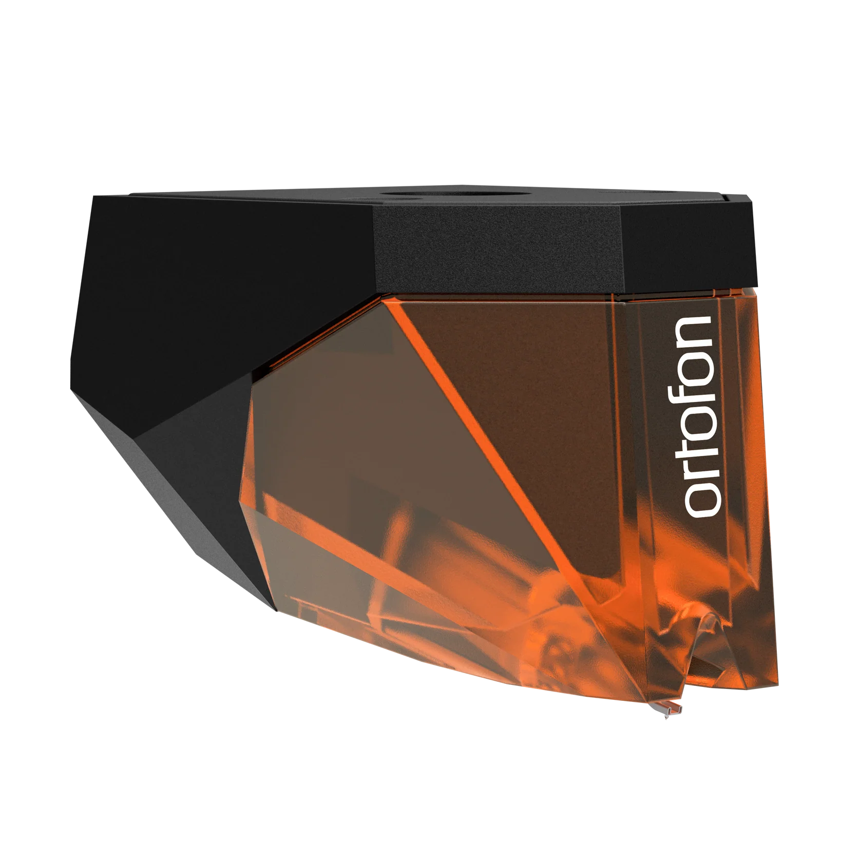 Ortofon 2M Bronze turntable cartridge with stylus, angled to the right, showcasing high-quality audio equipment.