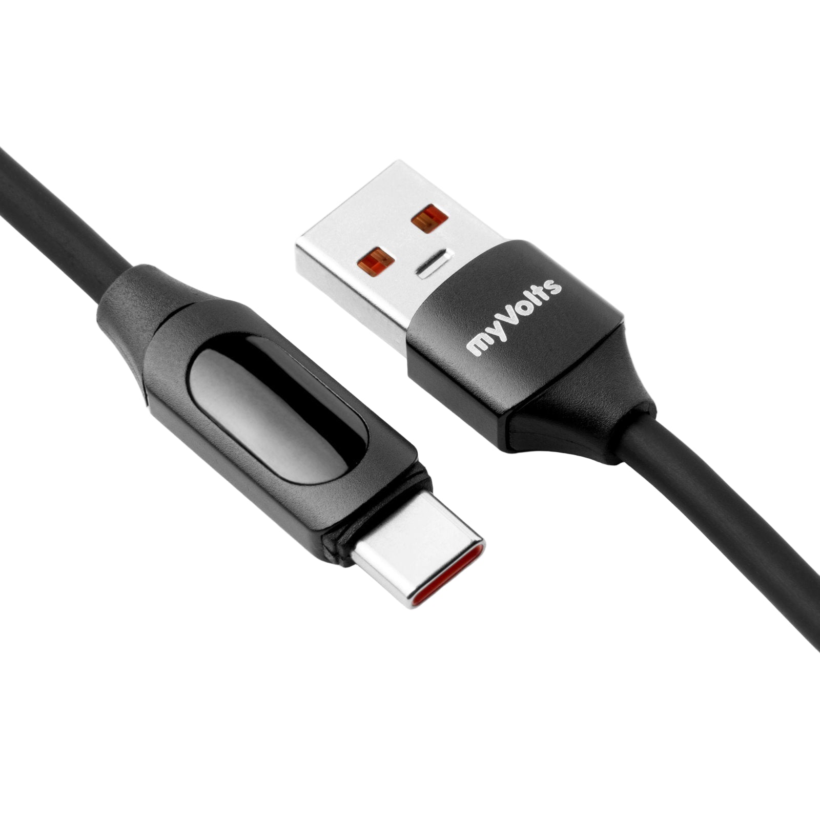 myVolts USB-A to USB-C PD cable with LCD power meter showing connected ports and charging status in a close-up image