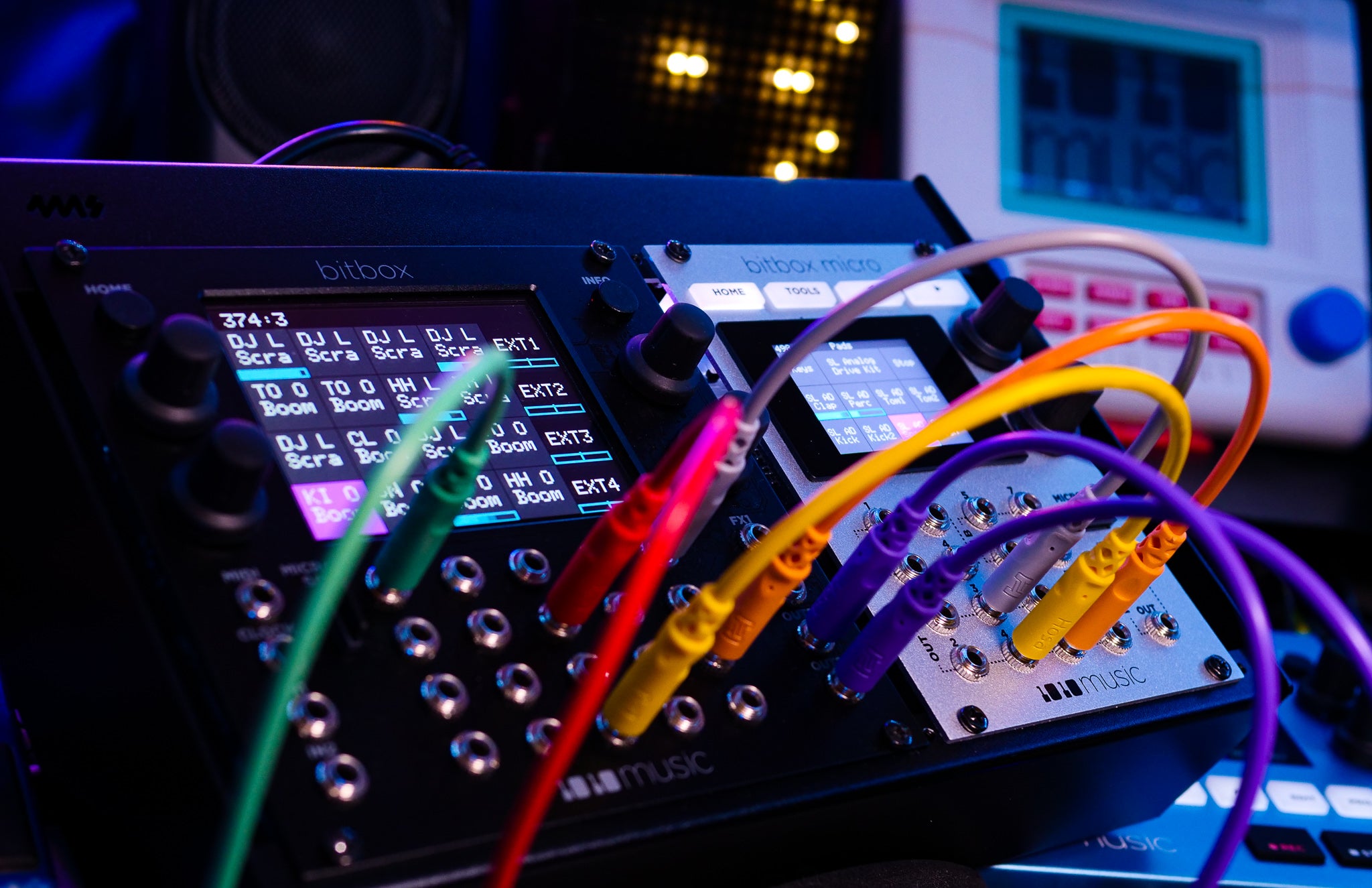Semi-modular synthesizer 1010music Bitbox MK2 with colorful knobs and interface, designed for music production and sound design.