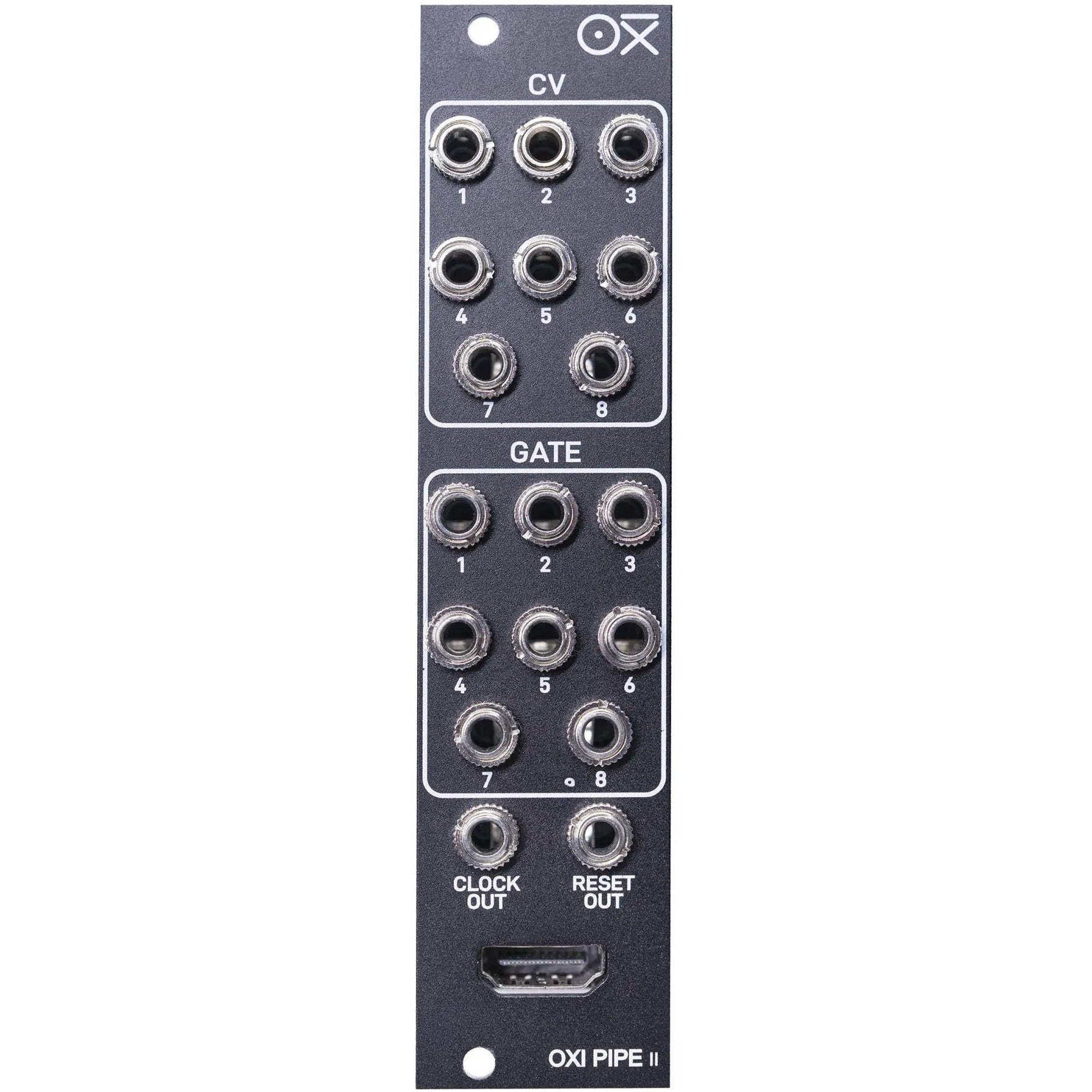 Front view of OXI Instruments Pipe MKII semi-modular synthesizer with colorful patch cables and control knobs.
