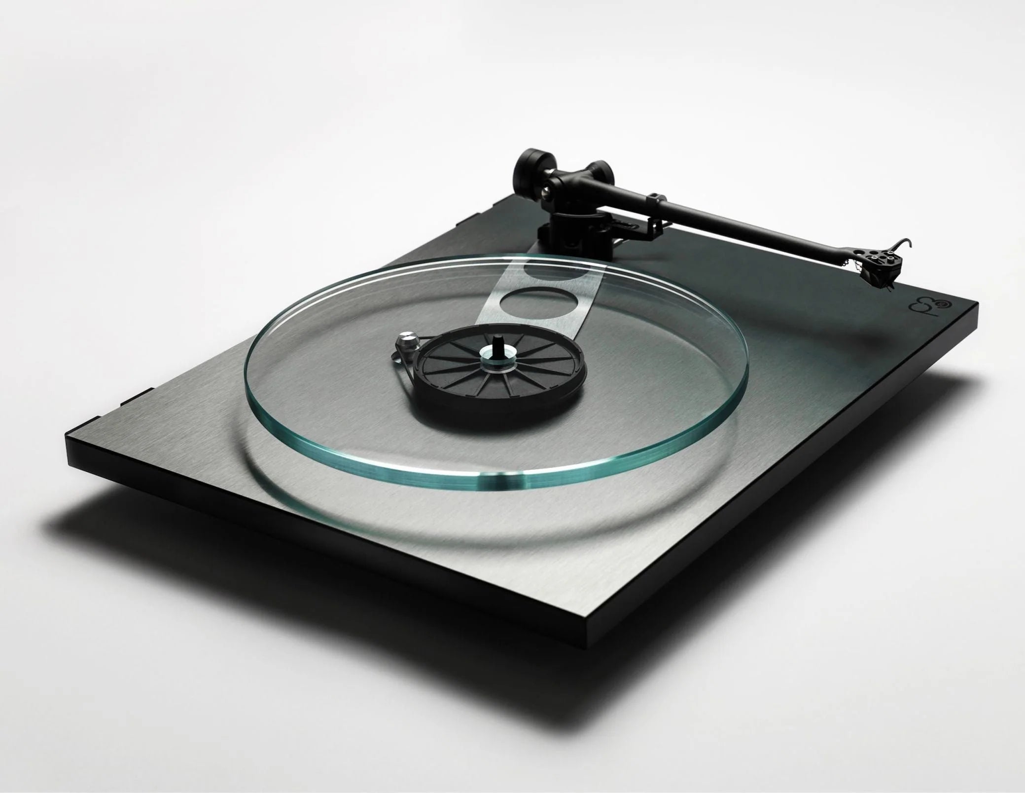 Rega Planar 3 RS turntable with aluminum plinth and Nd5 cartridge, shown from the side without lid, featuring a sleek platter.