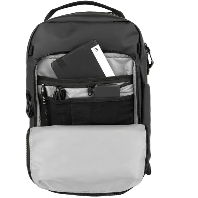 Wandrd Prvke Pocket video equipment bag showing front pocket with packed items and durable black exterior.