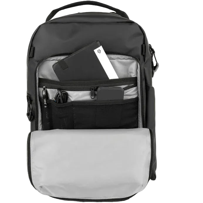 Wandrd Prvke Pocket 31L video equipment bag with front pocket, packed and ready for travel, showing durable black design and organized interior.