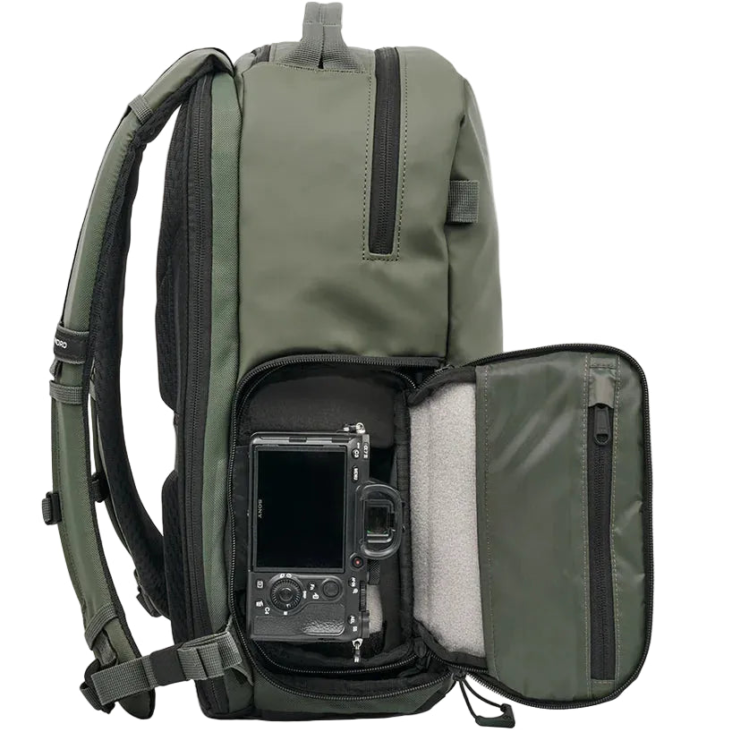 Wandrd Prvke Zip video equipment bag in Wasatch Green with camera access panel and organized compartments for gear storage.