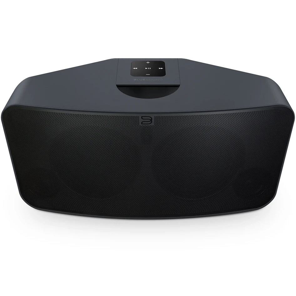 Bluesound Pulse 2i wireless speaker in black, front and above view showing sleek design and control buttons.