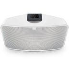 Bluesound Pulse 2i wireless speaker in white, front and above view showing sleek design and control panel.