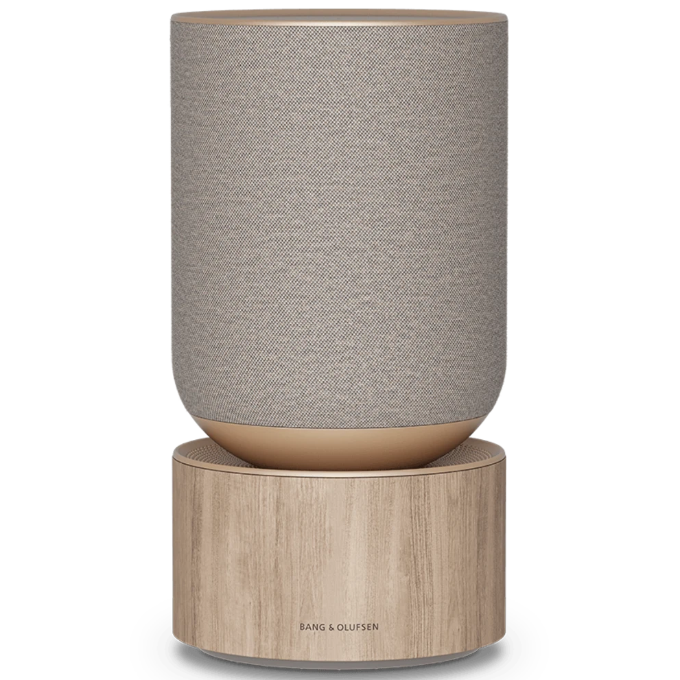 Bang & Olufsen Beosound Balance wireless speaker in natural oak finish, showcasing its sleek, modern design and front view.