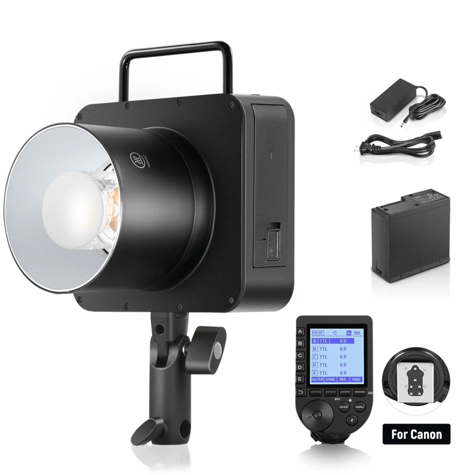 NEEWER Q4 400Ws 2.4G TTL studio flash with adjustable head and wireless remote for professional photography lighting.