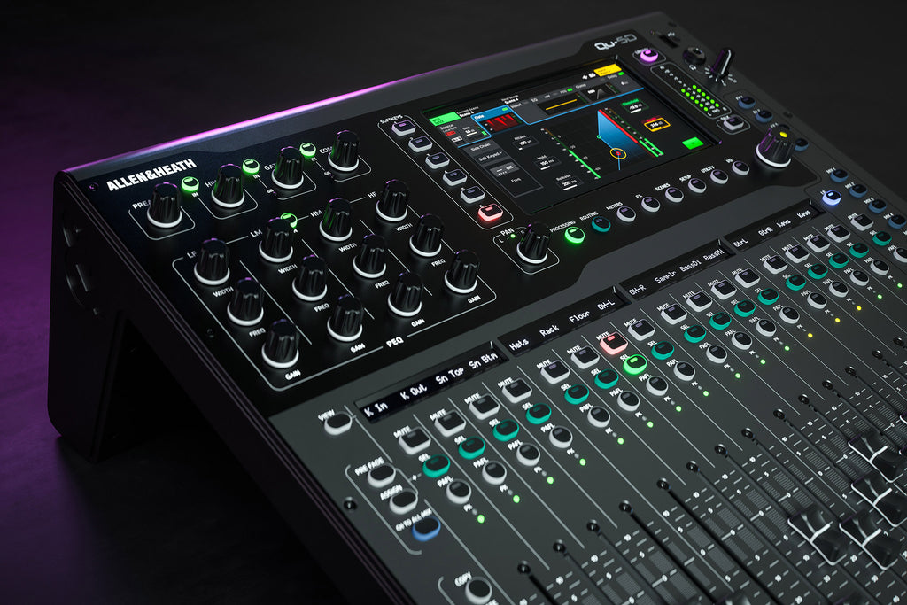 Allen & Heath Qu-5D digital mixer with touchscreen display and control knobs, front view of the professional audio mixing console.