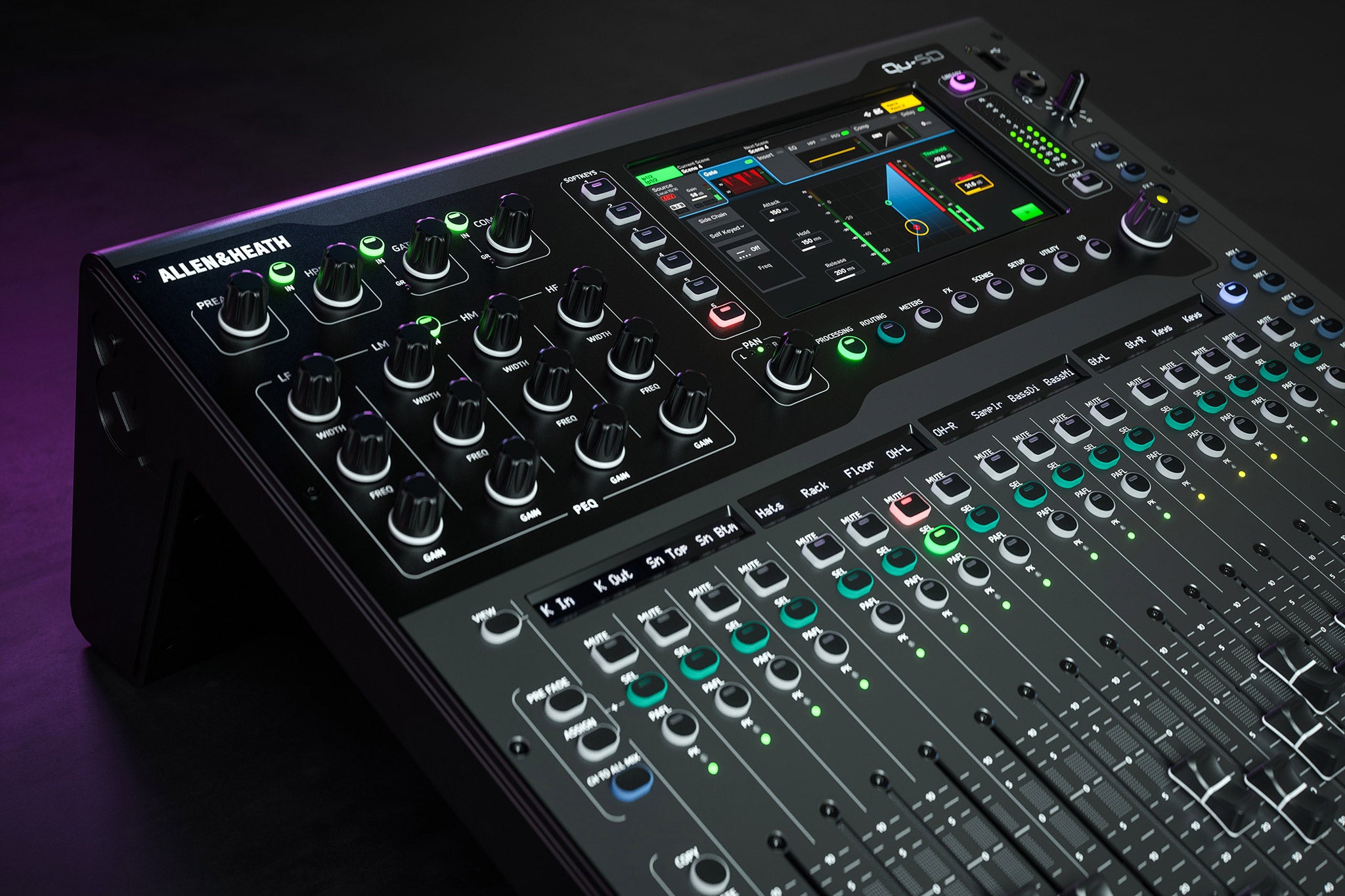 Allen & Heath Qu-5D digital mixer with touchscreen display and control knobs, front view of the professional audio mixing console.