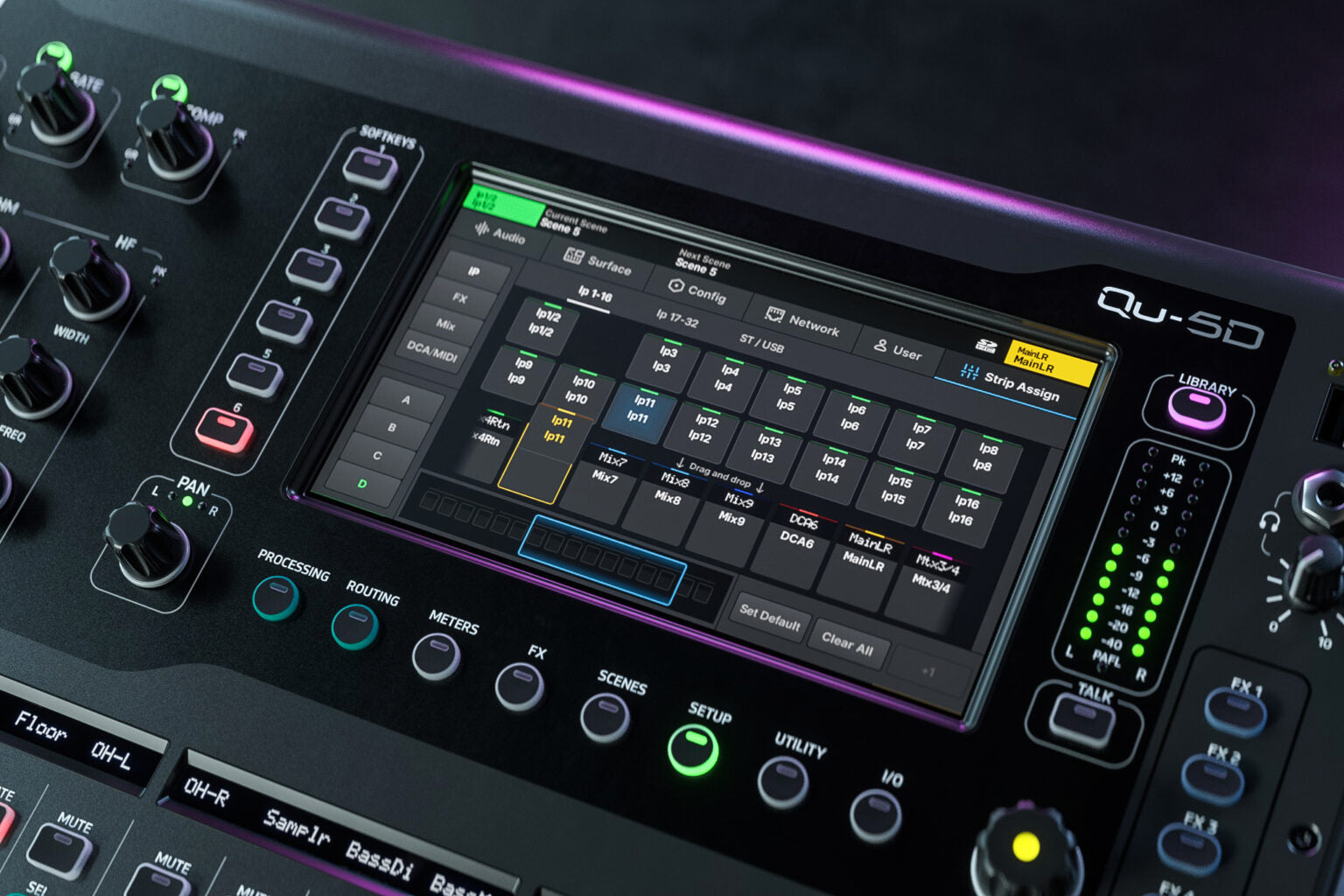 Allen & Heath Qu-5D digital mixer with strip assignment controls and multiple input/output options, shown in this close-up image.
