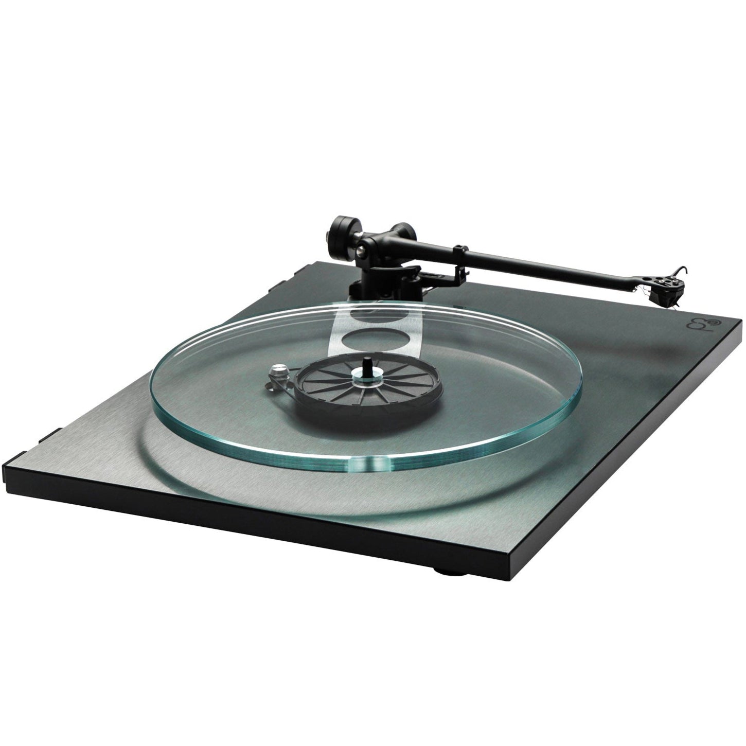 Rega Planar 3 RS turntable with aluminum plinth and Nd5 cartridge, shown from an angled view highlighting its sleek design.