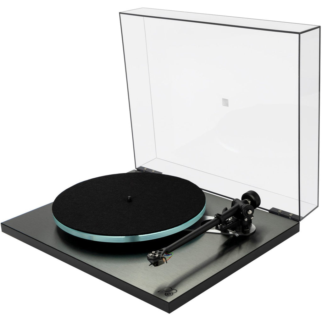 Rega Planar 3 RS turntable with aluminum plinth, dust cover, and ND5 cartridge, shown at an angled view.