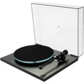 Rega Planar 3 RS turntable with aluminum plinth, dust cover, and ND5 cartridge, shown at an angled view.