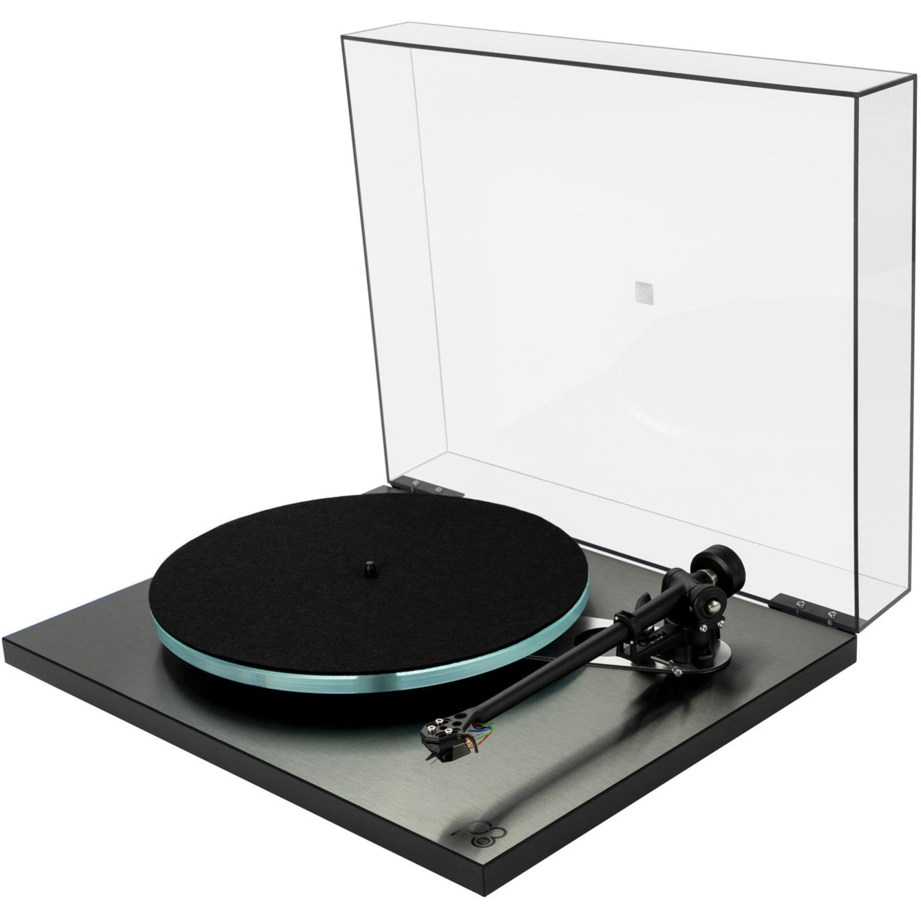Rega Planar 3 RS turntable with aluminum plinth, dust cover, and ND5 cartridge, shown at an angled view.