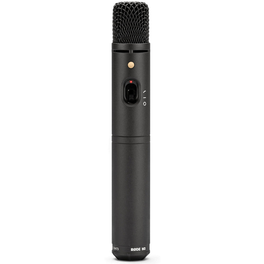 Rode M3 condenser microphone front view, compact professional microphone ideal for studio and on-stage audio recording.