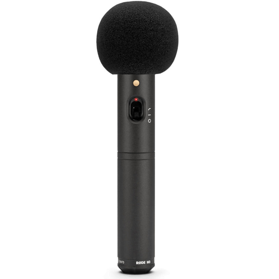 Rode M3 condenser microphone with front windshield, designed for clear audio recording in professional sound setups.