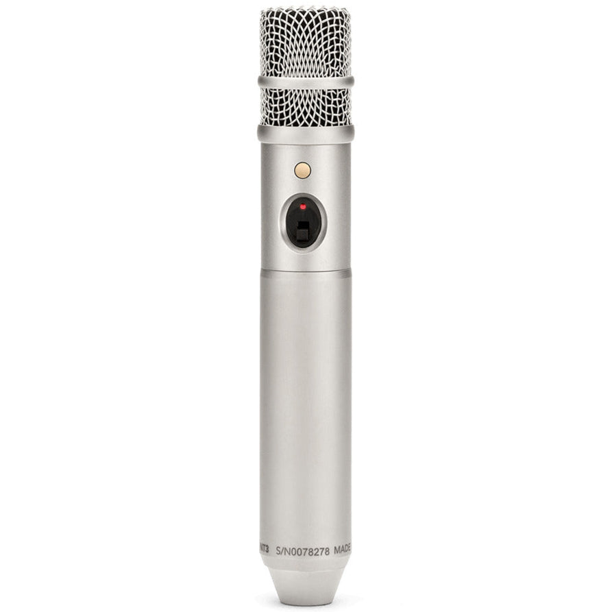 Rode NT3 condenser microphone front view showing black metal body and cardioid capsule for studio recording.