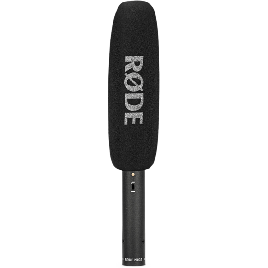 Rode NTG1 shotgun microphone with a windshield, showcasing its sleek design and professional audio features.