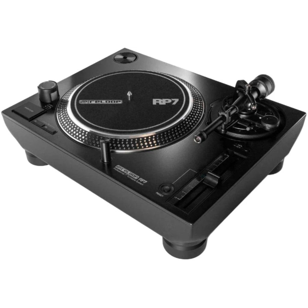 Reloop RP-7 DJ turntable with black platter, tonearm, and control knobs, designed for professional DJ use.