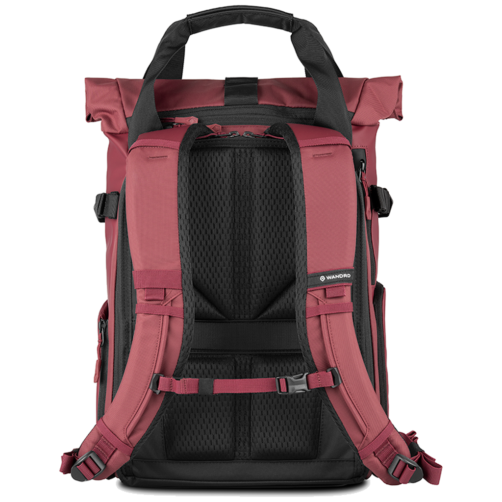 Wandrd Prvke 15L photo bundle bag in burgundy with camera and video equipment inside, designed for travel and photography.