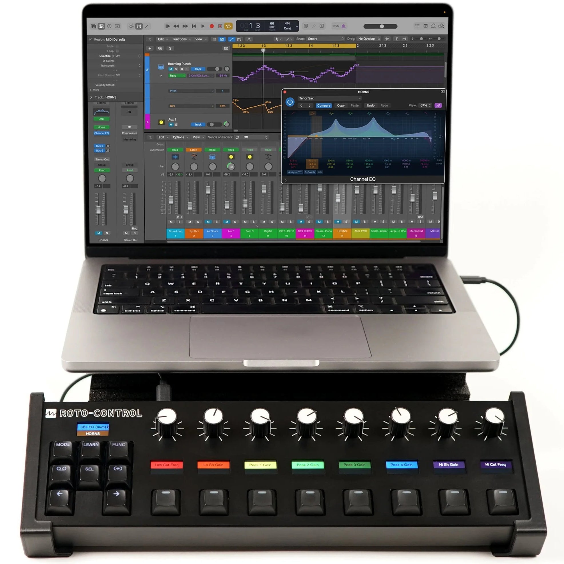 Melbourne Instruments Roto-Control MIDI controller with rotary knobs and faders, designed for seamless integration with Logic Pro.