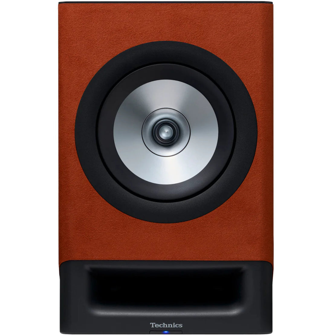 Technics SC-CX700 active bookshelf speakers with terracotta-colored fronts, showcasing modern audio design and compact size.