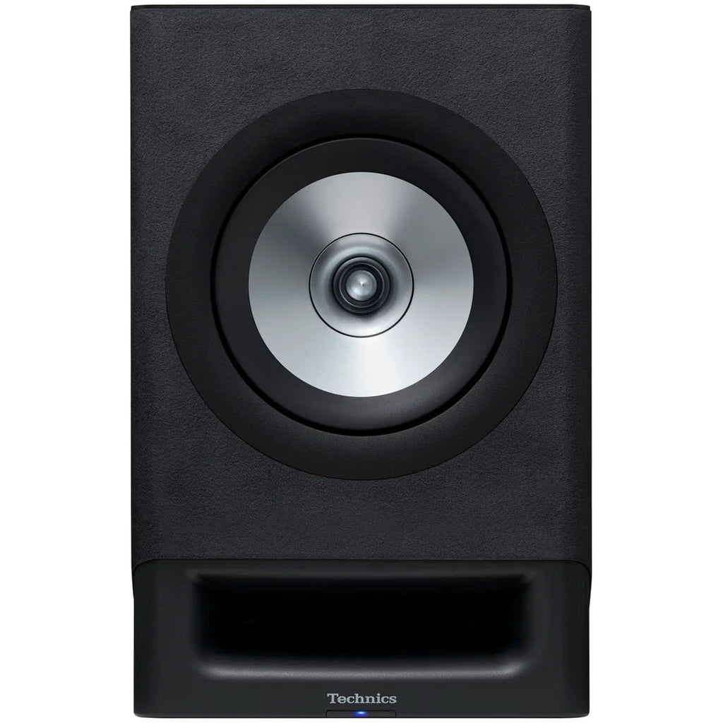 Black Technics SC-CX700 active bookshelf speakers with sleek front design and control knobs visible in the image.