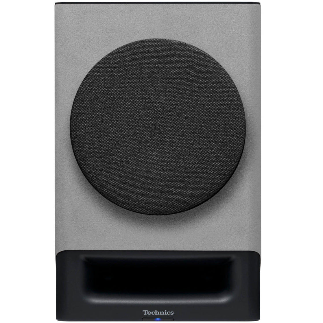Technics SC-CX700 active bookshelf speakers in gray with front covers, compact design, and modern audio equipment appearance.