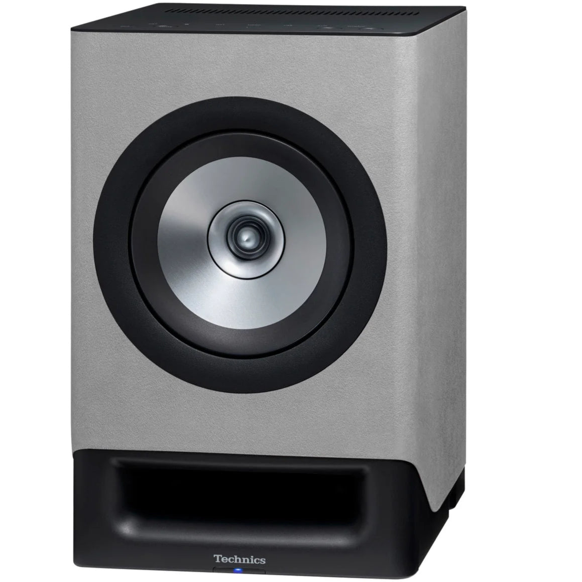 Technics SC-CX700 gray active bookshelf speakers with a sleek front design and compact build for quality sound.