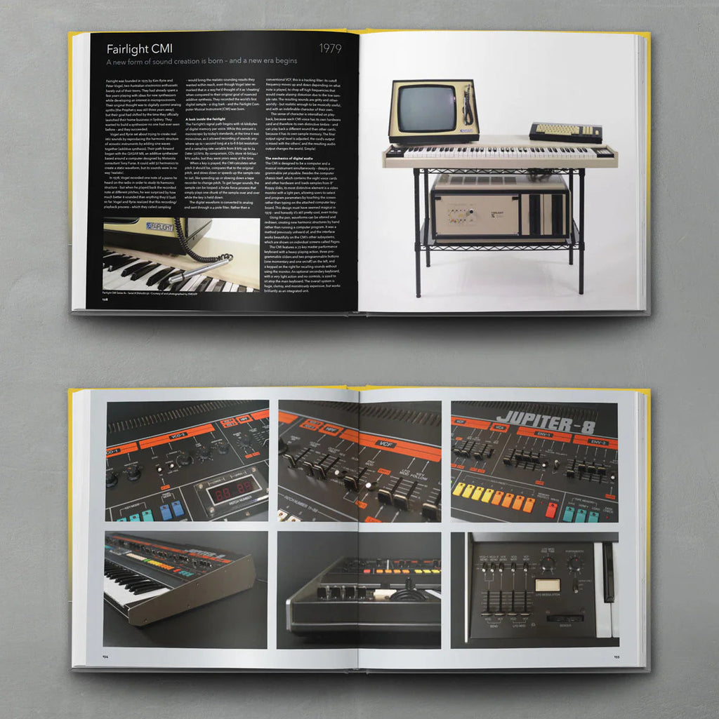Open spread of Bjooks Synth Gems 1 book showing colorful pages with synthesizer images and detailed illustrations.