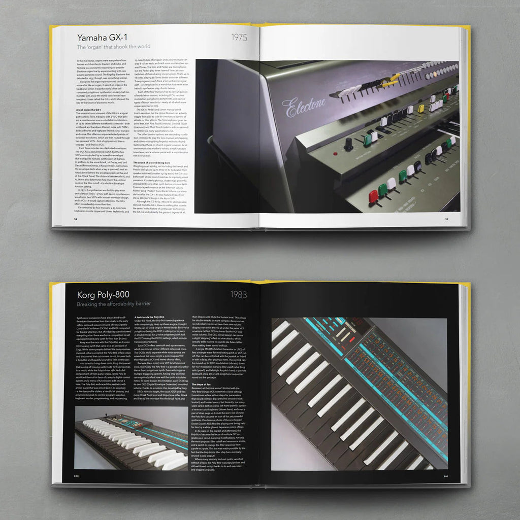 Open book displaying pages from Bjooks Synth Gems 1, a comprehensive guide on synthesizer sounds and techniques.