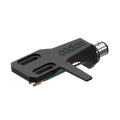 Ortofon SH-2 Black headshell for turntable cartridge, shown from top-left tilt, highlighting sleek black design and mounting details.