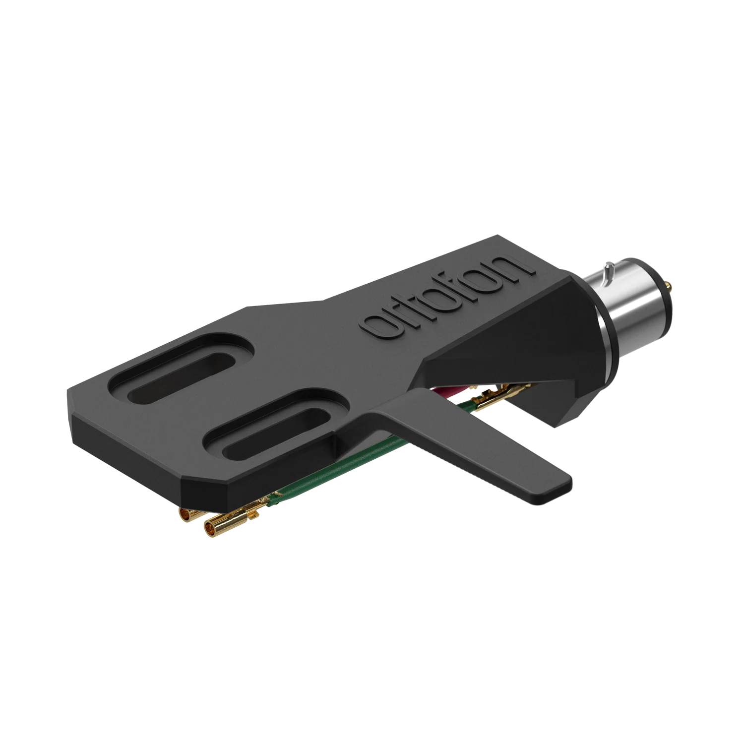Ortofon SH-2 Black headshell for turntable cartridge, shown from top-left tilt, highlighting sleek black design and mounting details.