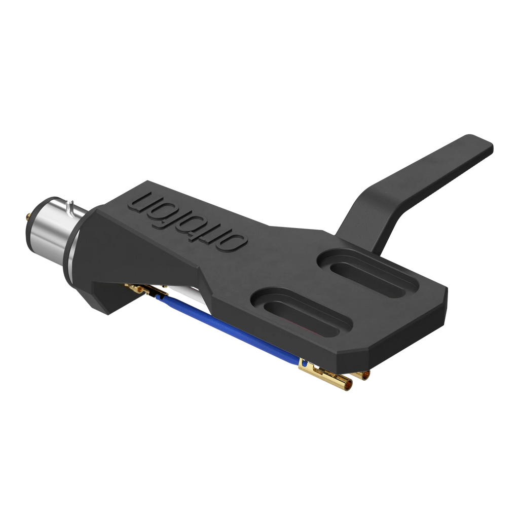 Ortofon SH-2 Black headshell for turntable cartridges, shown from a top-right tilt angle.