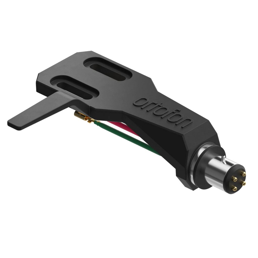 Ortofon SH-2 Black Headshell for turntable cartridges, viewed from top back left tilt, showing sleek black finish and mounting hardware.